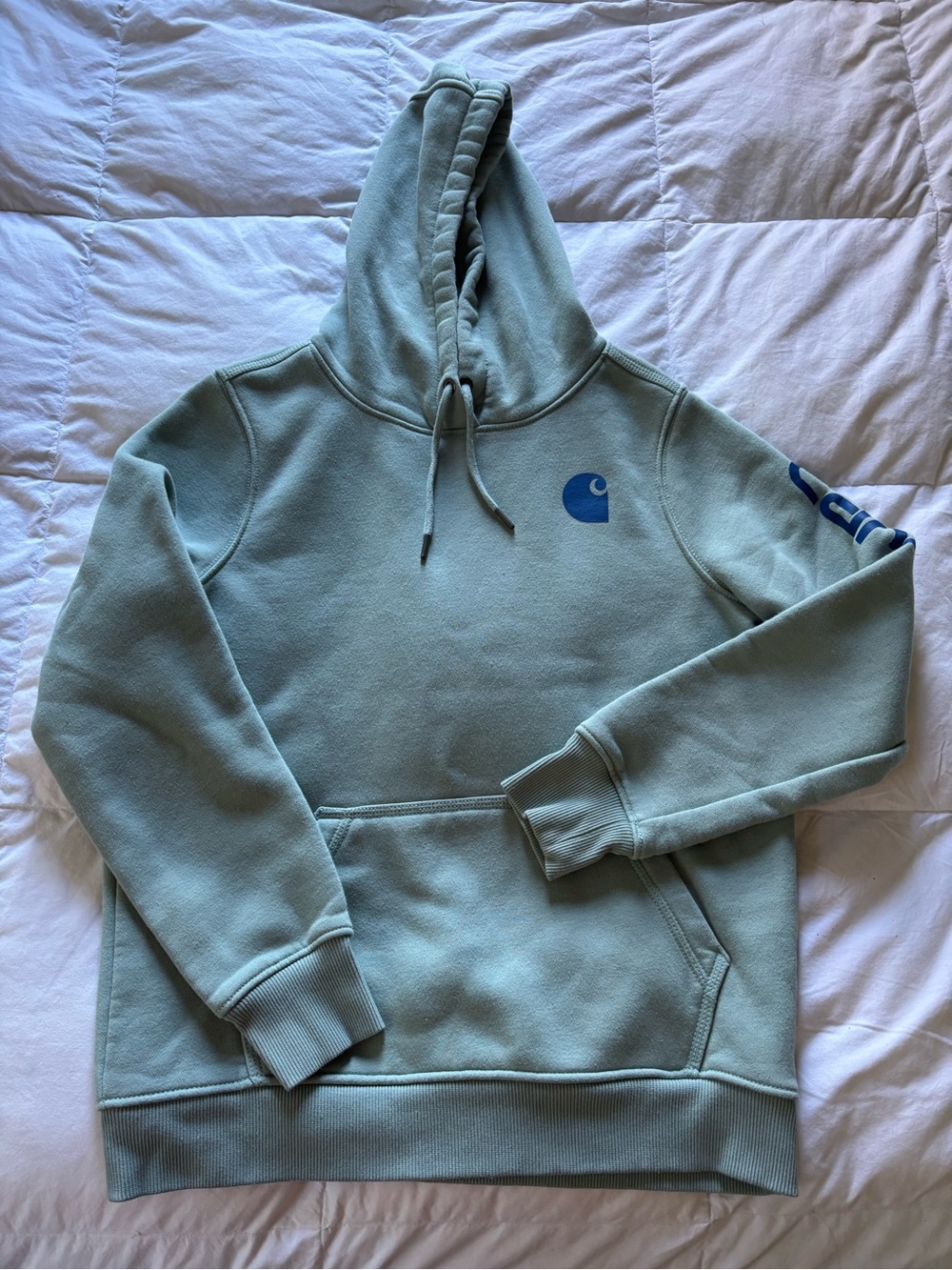 Carhartt Woen’s Sage Green Hoodie with Blue Logo